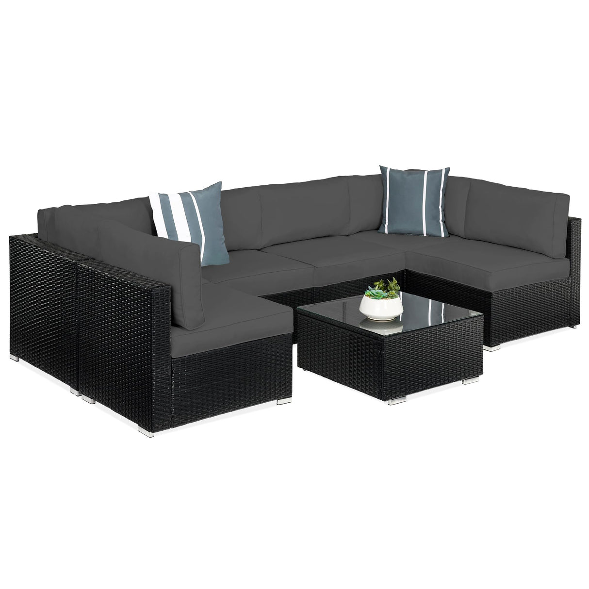 Best Choice Products 7-Piece Modular Outdoor Sectional Wicker Patio Conversation Set w/ 2 Pillows, Coffee Table, Cover Included - Black/Gray Best Choice Products