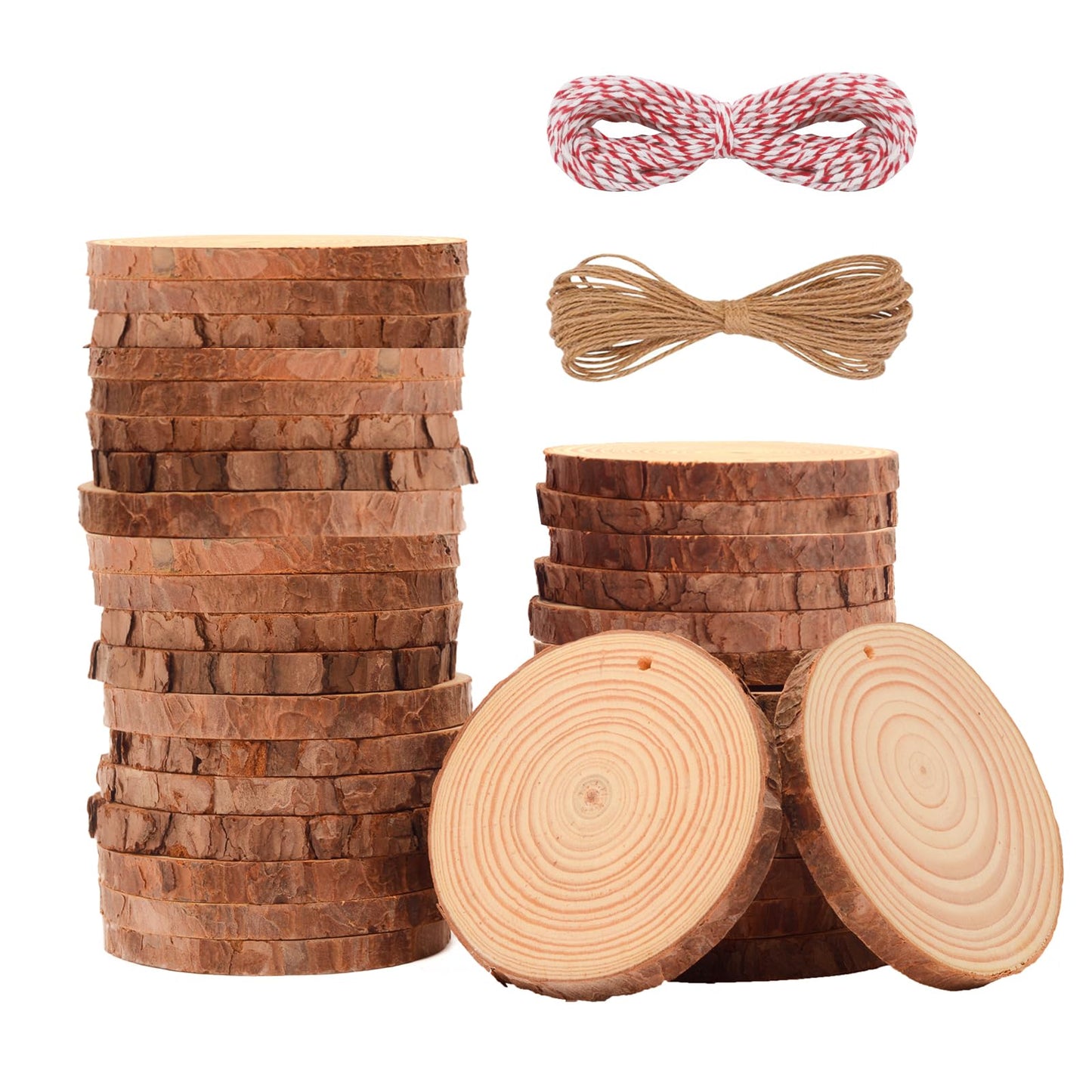 OPULANE Natural Wood Slices Ornaments 36Pcs 2.4-2.8 Inches Unfinished Wood Rounds Craft Wood Kit with Predrilled Holes Round Wooden Circles with Tree Bark for Crafts Arts DIY Christmas Ornaments Decor