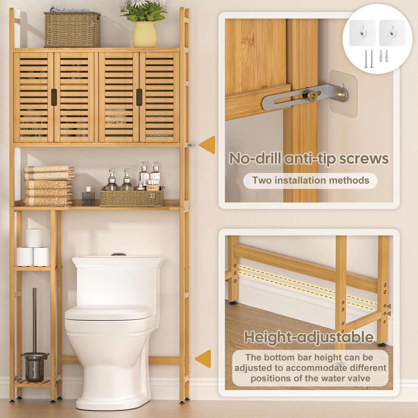 Cozivolife Bamboo Over-The-Toilet Storage Cabinet with Toilet Paper Holder and Four Doors - WoodArtSupply