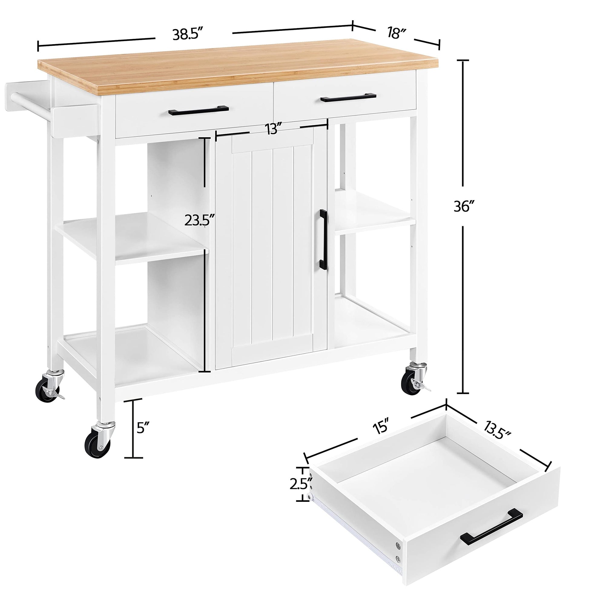 Yaheetech Kitchen Island Cart with Bamboo Countertop, Rolling Kitchen Storage Trolley with 2 Drawers and Adjustable Shelves, Compartment Cabinets and Towel Bar, 38.5x18x36 Inches, White - WoodArtSupply