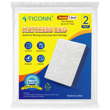 TICONN 2PK Plastic Mattress Bag for Moving Storage, Waterproof Mattress Protector Cover, Heavy-Duty Mattress Moving Supplies (1.5 mil, Queen) TICONN