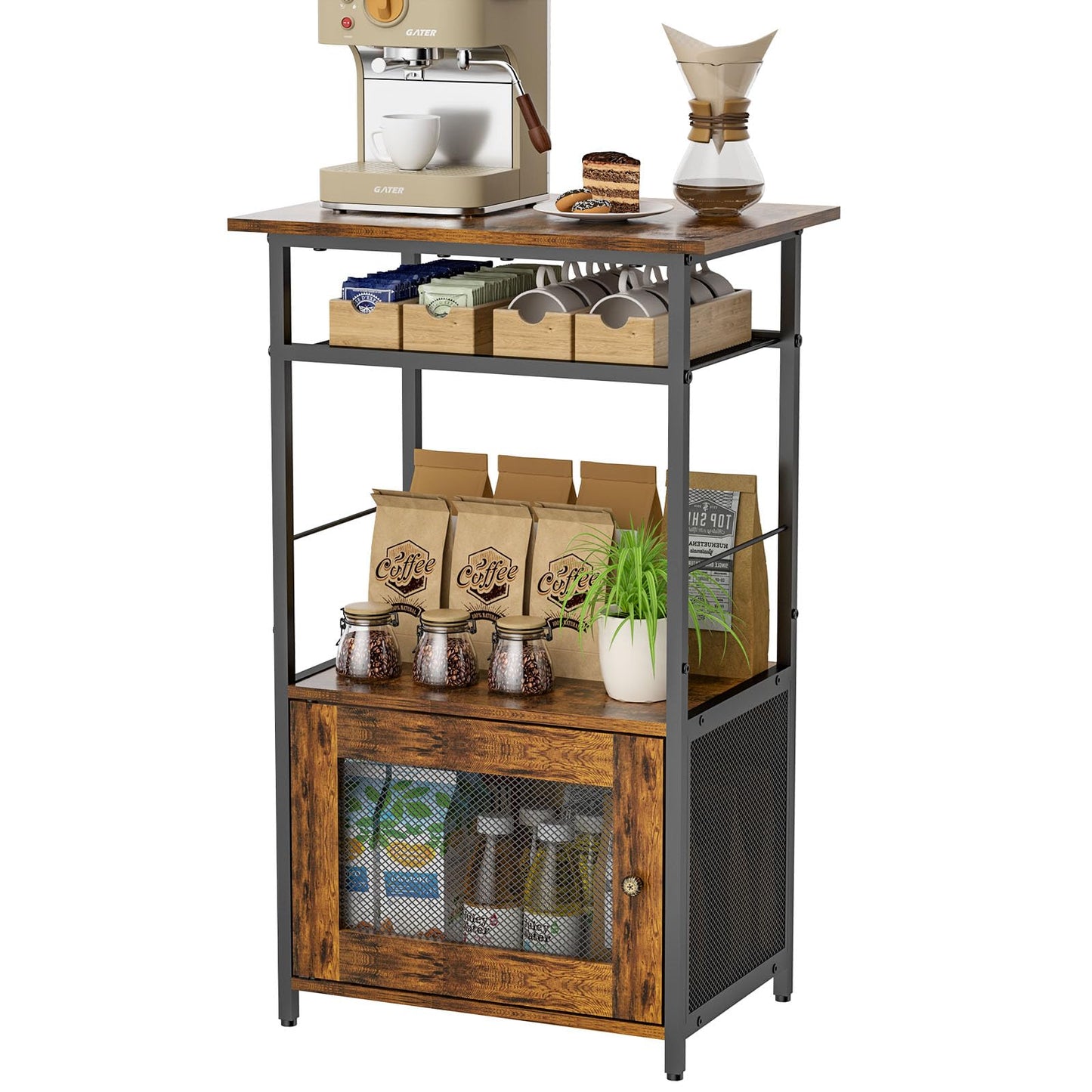 X-cosrack Coffee Bar Station, 3-Tier Small Coffee Stand Station with Storage, Farmhouse-Style Buffets and Sideboards Coffee Bar Cabinet Featuring 1-Door Cabinet for Living Room, Entryway, Kitchen