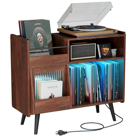 Large Record Player Stand with Sliding Door,350 Vinyl Record Storage Cabinet, Record Player Table with Power Outlet and LED Light,Turntable Stand with Wood Legs for Living Room,Bedroom,Office Bonvork