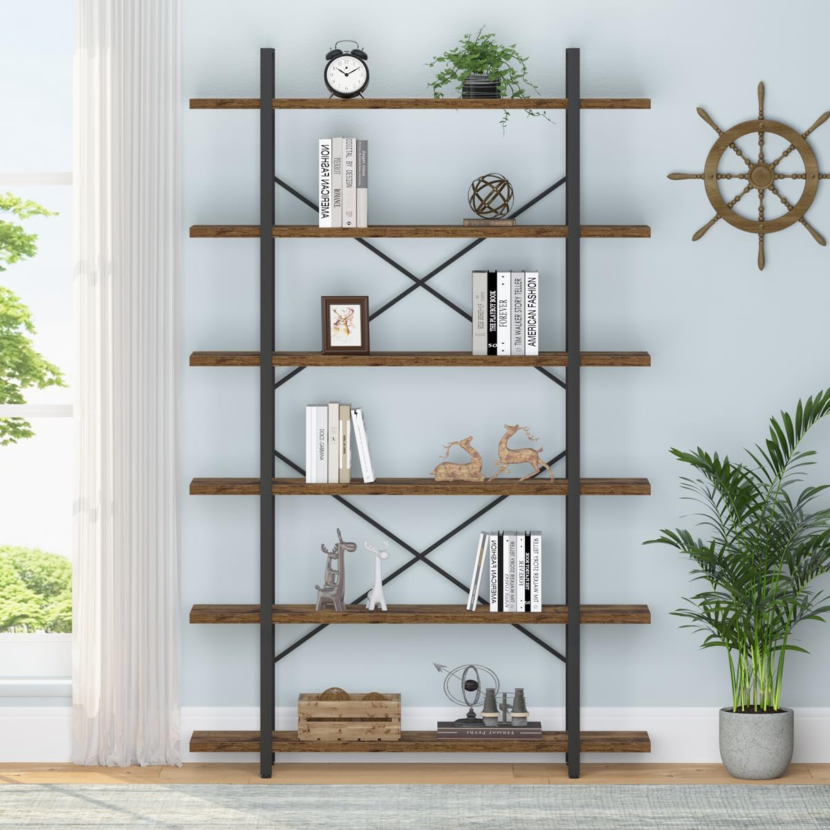 HSH 6 Shelf Tall Bookcase, Industrial Modern Large 6 Tier Bookshelf, Open Wood and Metal Display & Storage Rack,Farmhouse Bookcases and Book Shelves 6 Shelf for Bedroom Living Room Office,Rustic Brown