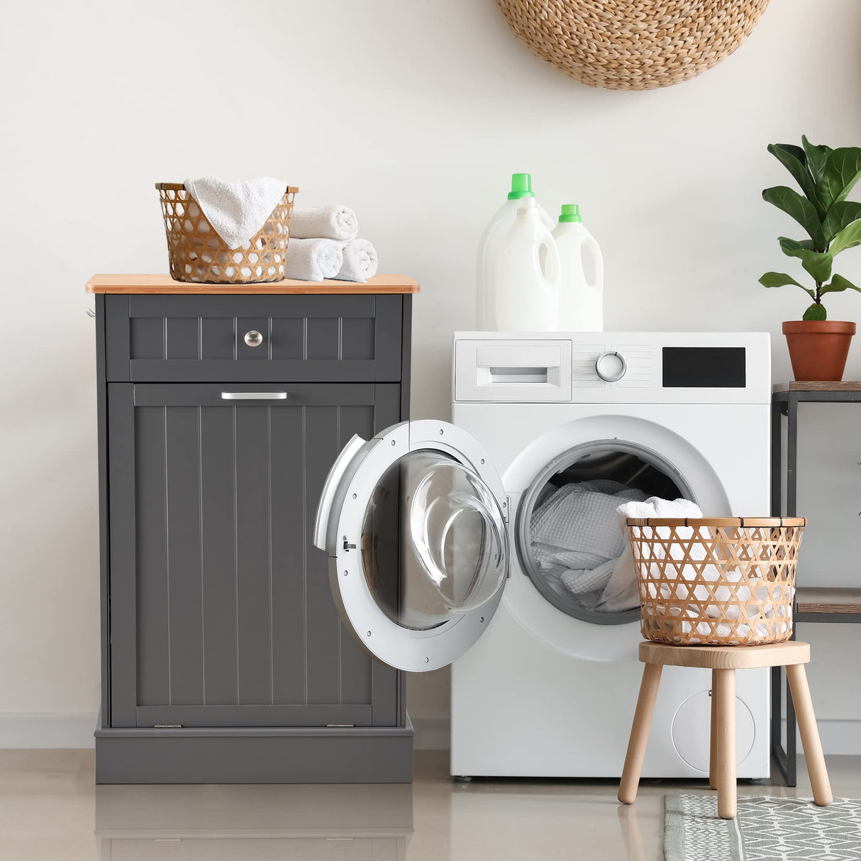 AHB 13 Gallons Tilt Out Trash Cabinet, Hidden Trash Can Kitchen Wooden Tilt Out Pet Proof Hidden Trash Bin for Kitchen Living Room,Grey AHB