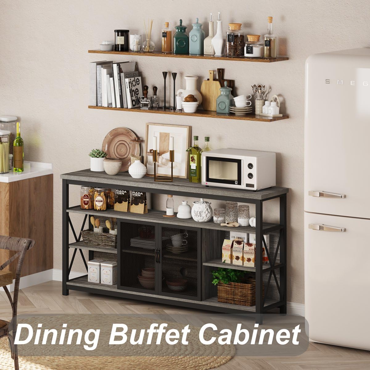 BON AUGURE Tall TV Stand for TVs up to 65 Inch, Industrial Entertainment Center with Storage Cabinet, Rustic Wood Media Console Table for Living Room and Bedroom (32 Inch High, Grey Oak) BON AUGURE