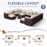 NICESOUL 15 Piece Outdoor Sectional with Fire Pit Table, Modern Luxury Patio Deep Seating w/Firepit, 29.3'' High-Back Wicker Couch Thick, Big High-Weight Capacity Sofa for Garden, Yard, Brown & Beige NICESOUL