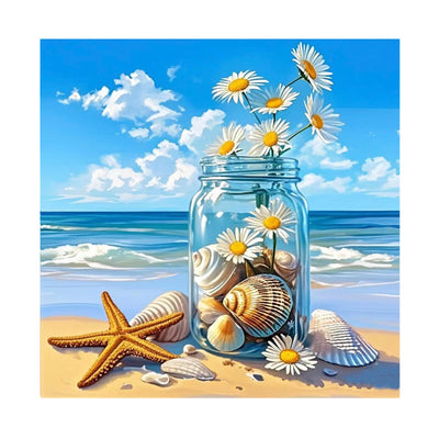 Beach Vase Diamond Art Kits for Adults Beginners,Beach Diamond Painting Kit DIY 5D Full Round Drill Daisy Painting with Diamonds Dot Gem Art Crafts for Wall Decor 12x12IN