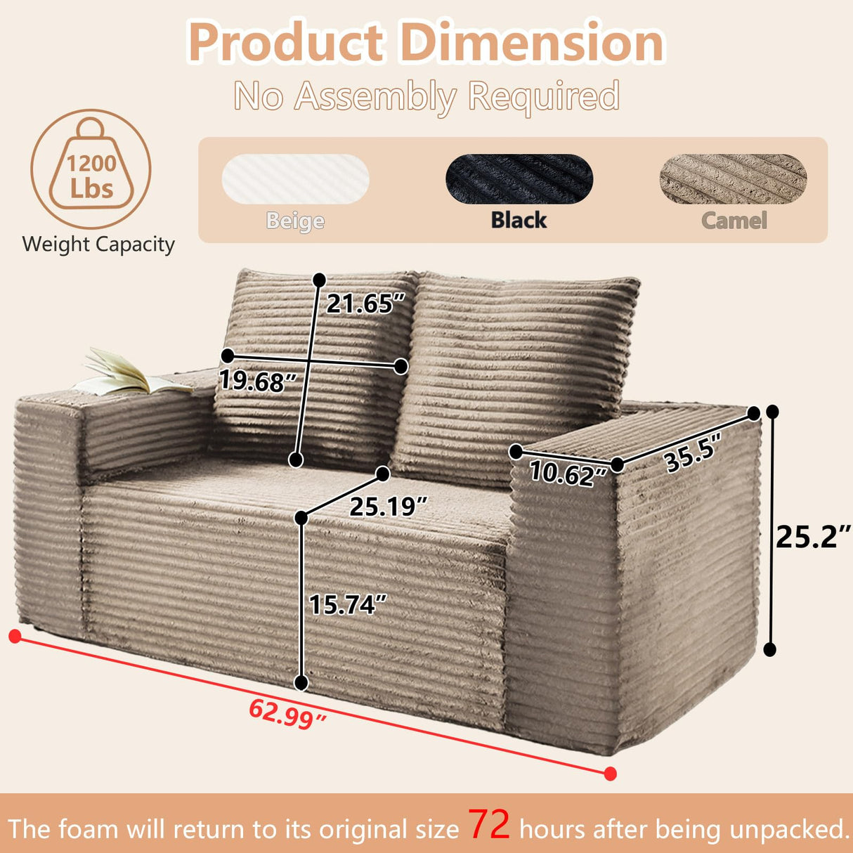63" Boneless Couch Loveseat Sofa, Comfy Deep Seat Cloud Couch, Memory Foam, No Assembly Required Floor Sofa for Living Room, Bedroom, Apartment, Small Spaces, Corduroy, Camel Lakifun