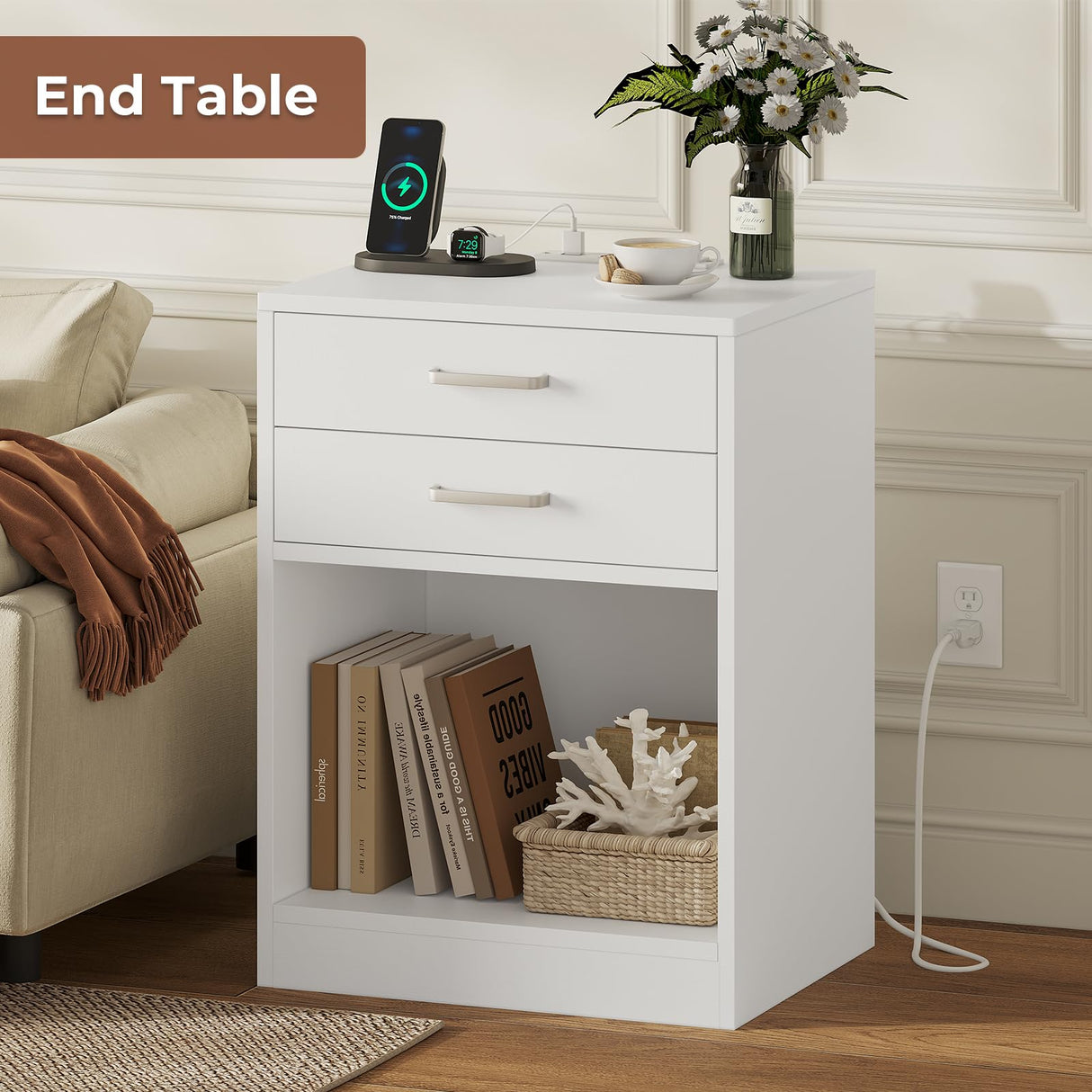 ADORNEVE Nightstands Set of 2,White Night Stand with Charging Station & Drawers,Night Stands for Bedrooms 2 ADORNEVE