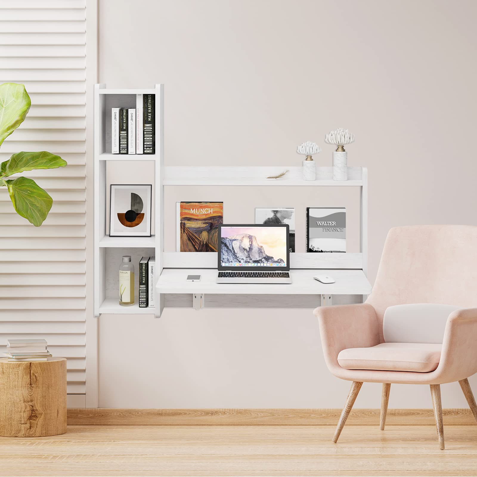 Pmnianhua 41'' Wall Mounted Floating Desk with Storage Shelves - Space Saving Workstation in Greyish White - WoodArtSupply