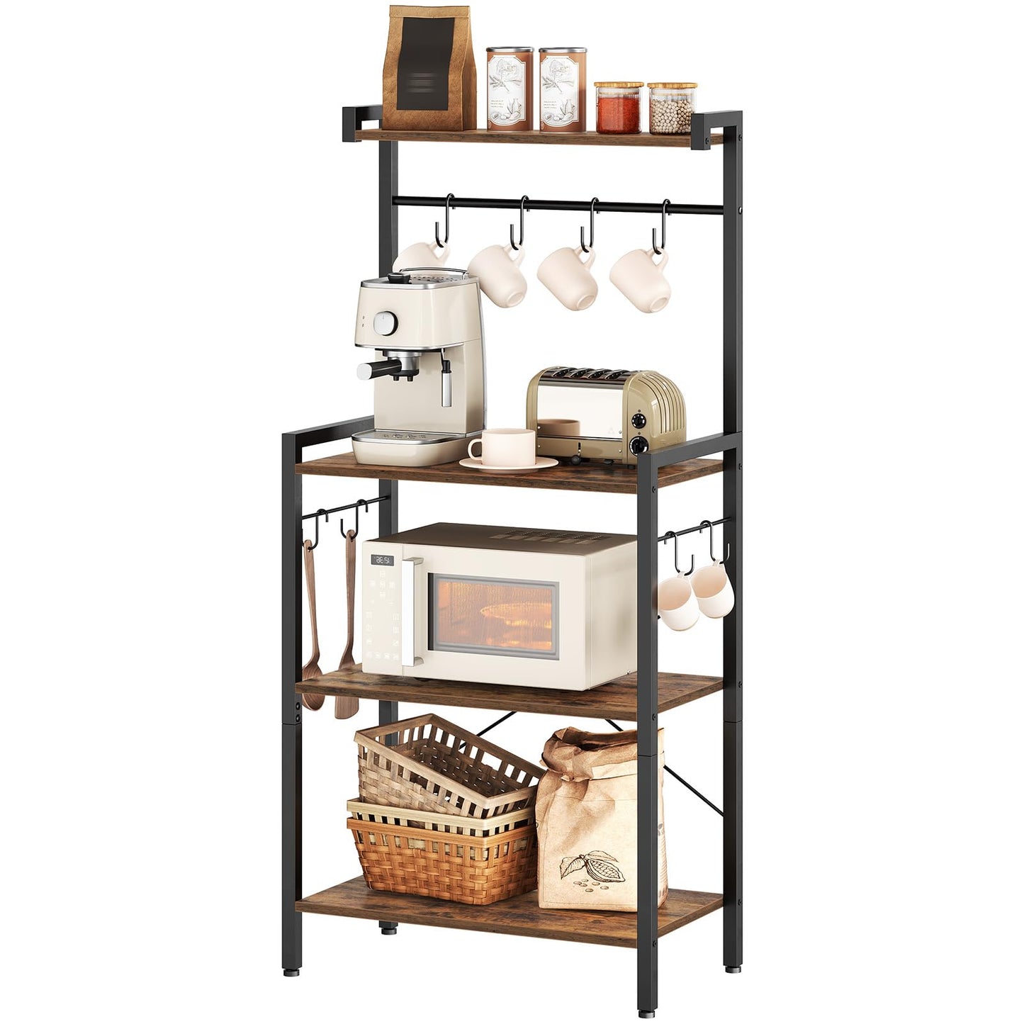 HOOBRO Bakers Rack for Kitchen with Storage, 4 Tier Microwave Stand, Multifunctional Baker's Rack with 8 Hooks, Wooden Kitchen Storage Shelf, Stable Metal Frame, Easy Assembly, Rustic Brown BF04HB01