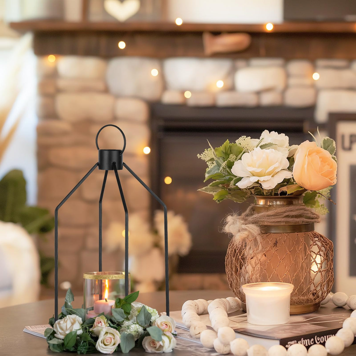 Staymoment Candle Sconces Wall Decor Set of 2: Farmhouse Wood Candle Holder - Indoor Black Metal Lantern Decorations for Living Room Front Porch Yard, Washwhite Staymoment