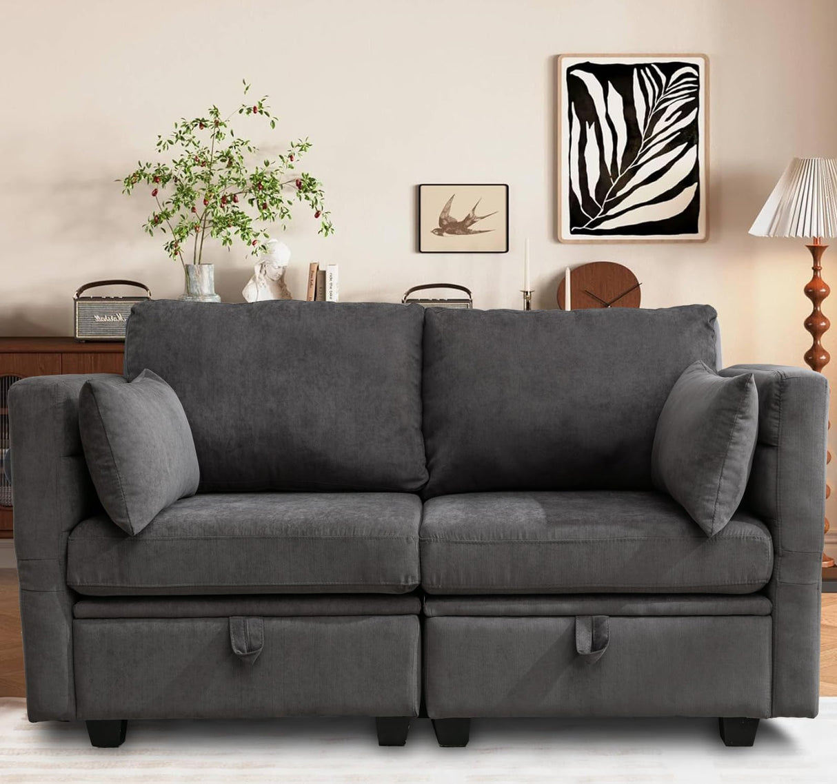 asunflower Loveseat with Storage Seats Modular Sectional Small Couch for Small Spaces with Reclining Arms and Backs 2 Seater Couch Mini Sofa Love Seat for Bedroom,Dorm Room, Living Room(Grey) asunflower