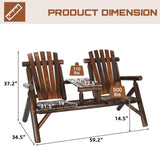 HOMEDIARY 2-Seat Wooden Adirondack Chair, Outdoor Log Patio Loveseat with Built-in Table, Patio Bench Fire Pit Chair Porch Furniture Conversation Set for Deck Lawn Pool Backyard, Carbonized HOMEDIARY
