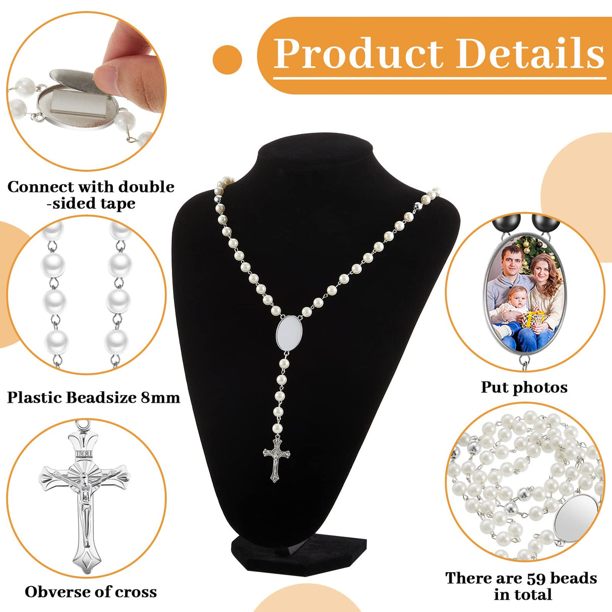 Sublimation Blanks Rosary Beads Necklace Set Catholic Rosary Printable Insert Rosary Necklace Prayer Beads Rosary with Sheer Organza Bags for Baptism Women Men Jewelry Gifts DIY Making (24 Set) Taiyin
