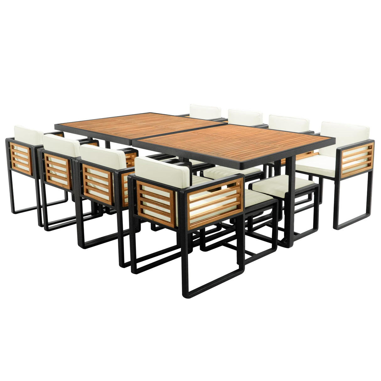 Merax 18 Pieces Outdoor Dining Set for 16 People, Acacia Wood Patio Furniture Sets with 2 Square Tables, 8 Cushioned Chairs and 8 Ottomans for Backyard, Garden, Lawn, Poolside, Beige Merax