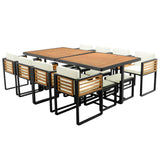 Merax 18 Pieces Outdoor Dining Set for 16 People, Acacia Wood Patio Furniture Sets with 2 Square Tables, 8 Cushioned Chairs and 8 Ottomans for Backyard, Garden, Lawn, Poolside, Beige Merax