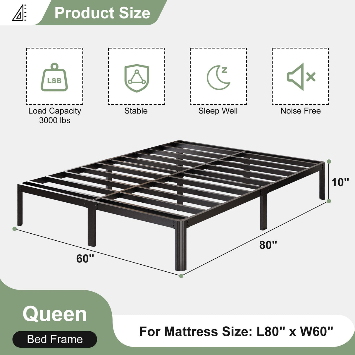 Lutown-Teen 10 Inch Queen Bed Frame with Rounded Corner Legs, 2000 LBS Heavy Duty Metal Queen Platform Bed Frame with Steel Slats Support, No Box Spring Needed, Noise Free, Easy Assembly Lutown-Teen