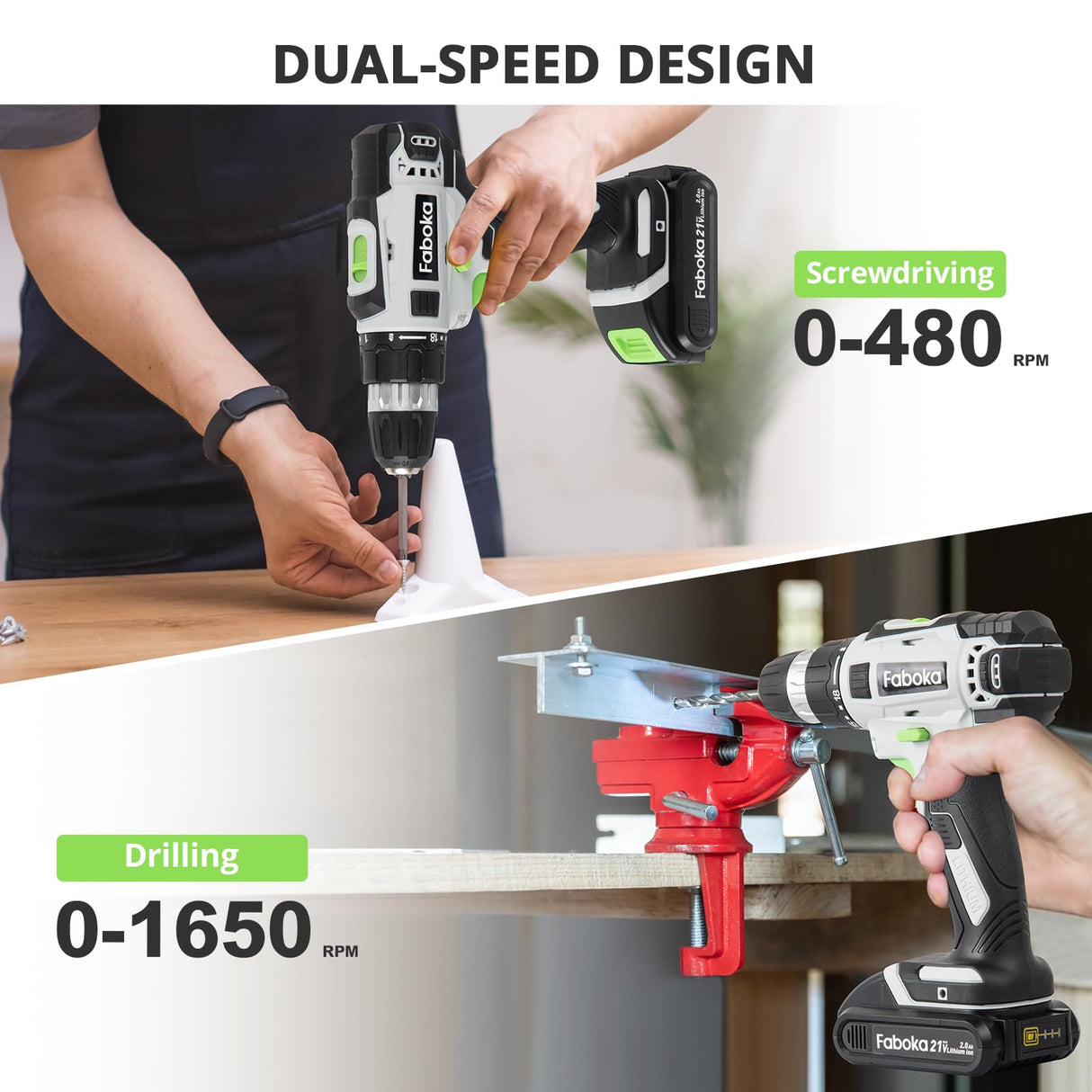 Faboka 21V Cordless Drill Set, Power Drills Kit with 2.0Ah Battery and Charger, Electric Driver/Drill Bits, Max Torque 40Nm, 3/8-Inch Keyless Chuck, Variable Speed, with LED Light FABOKA