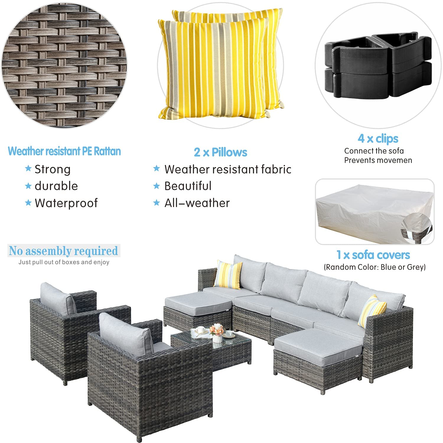 ovios Patio Furniture Set 9 Pieces Outdoor Conversation Set All Weather Wicker Rattan Sectional Sofa Sets with Patio Chairs Fully Assembled Furniture, Big Size, Grey Wicker, Grey - WoodArtSupply