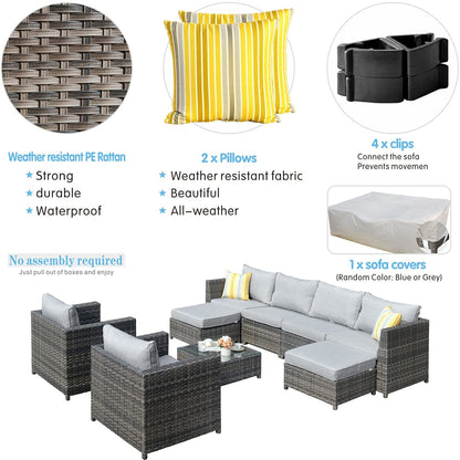 ovios Patio Furniture Set 9 Pieces Outdoor Conversation Set All Weather Wicker Rattan Sectional Sofa Sets with Patio Chairs Fully Assembled Furniture, Big Size, Grey Wicker, Grey - WoodArtSupply