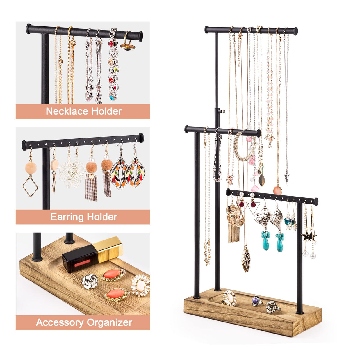 SRIWATANA Jewelry Organizer Stand, Extra Tall Necklace Holder Jewelry Holder, Gift Idea (Carbonized Black & Black) SRIWATANA