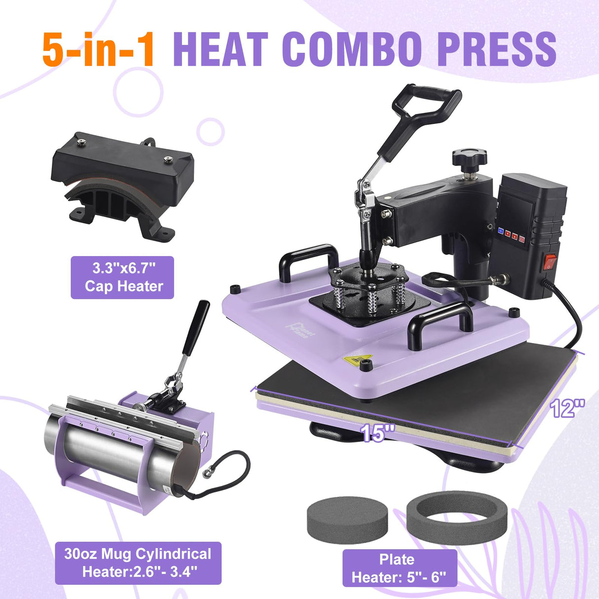 PlanetFlame Heat Press Machine 12x15 Inch, 360° Swing Away 5 in 1 Heat Transfer Machine, Multifunctional Heat Transfer Press Machine with 30OZ Tumbler Attachment for Hat/Plate/T-Shirt/Mug, Purple PlanetFlame