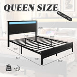 Fluest Queen Bed Frame with Headboard & Footboard, Bed Frame with Built-in Charging Station & LED Light, Storage Shelf, Noise-Free, No Box Spring Needed, Easy Assembly, Classic Black Fluest