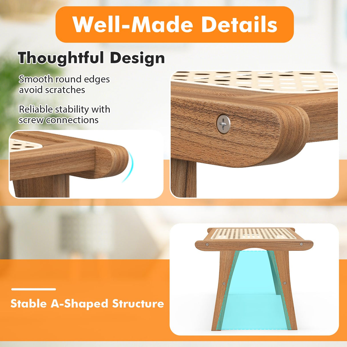 Tangkula Ottoman Footstool, Natural Teak Wooden Foot Rest with Handwoven Rattan for Living Room Bedroom Office, 14" H, Indoor (2) Tangkula