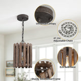 Farmhouse Rustic Pendant Light, 1-Light Round Cage Pendant Lighting Fixture with Adjustable Chain for Kitchen Island Hallway Dining Room Bar, Solid Wood wochos