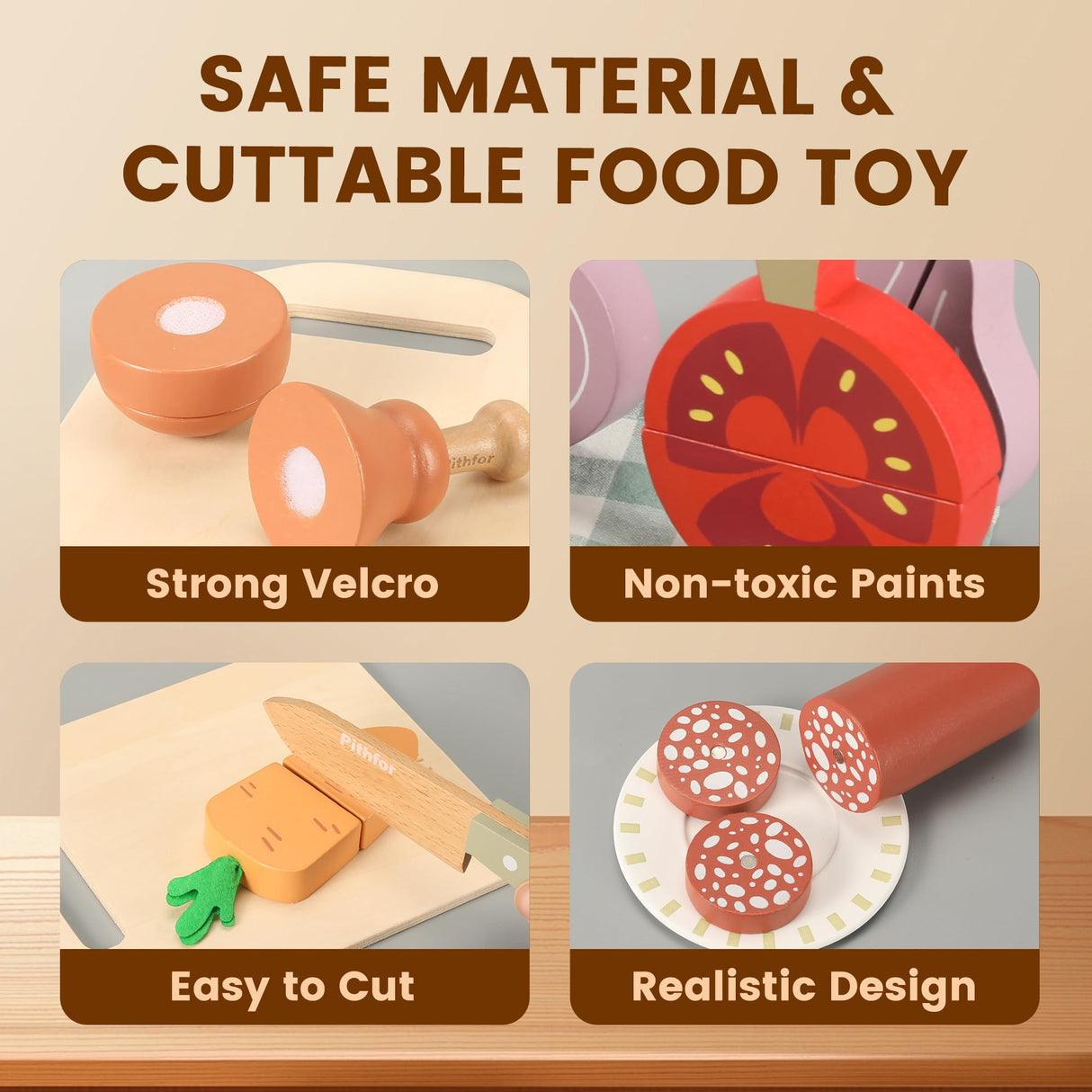 Pithfor Play Knife Set, Play Kitchen Accessories, Wooden Pretend Play Food Set Toys for Kids Toddlers, Gifts for 2 3 4 Years Old Girls Boys Pithfor