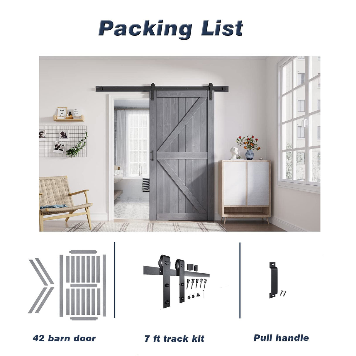 FREDBECK 42in x 84in Gray Wood Barn Door Slab with 7ft (84inch) Barn Door Hardware Track Kit and Handle Floor Guide Included, Double Surfaces,Simple Assembly is Required,K-Frame,Grey FREDBECK