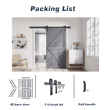 FREDBECK 42in x 84in Gray Wood Barn Door Slab with 7ft (84inch) Barn Door Hardware Track Kit and Handle Floor Guide Included, Double Surfaces,Simple Assembly is Required,K-Frame,Grey FREDBECK