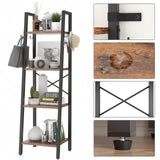 YMYNY 4 Tiers Ladder Bookcase, Industrial Narrow Bookshelf, Open Display Rack with 4 S Hooks, Metal Storage Shelves for Bedroom, Home Office, Living Room, Rustic Brown, 49.2H*13.4L*11.8W, UHBC024H YMYNY