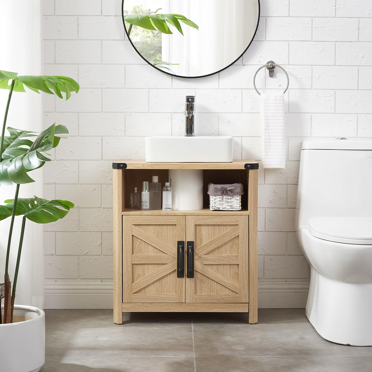 Minifeel Bathroom Floor Cabinet, Adjustable Shelf, Barn Doors, Farmhouse Bathroom Storage Cabinet for Kitchen, Living Room (Natural Oak) Minifeel