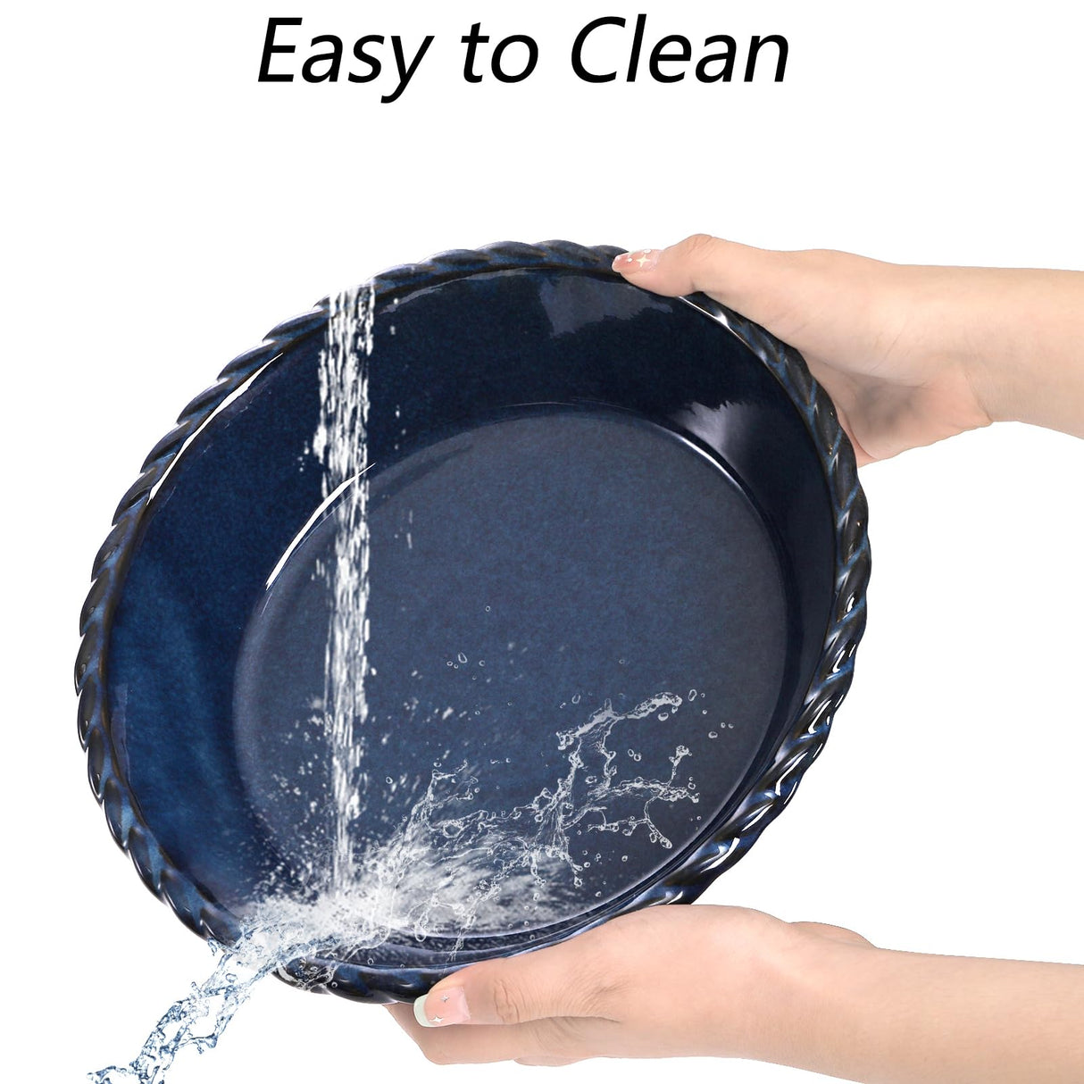 Peohud 2 Pack Ceramic Pie Pans, 10 Inch Deep Fluted Pie Plate, 54 Ounce Round Baking Dish for Quiche, Apple Pecan Pie, Pot Pie, Blue Peohud