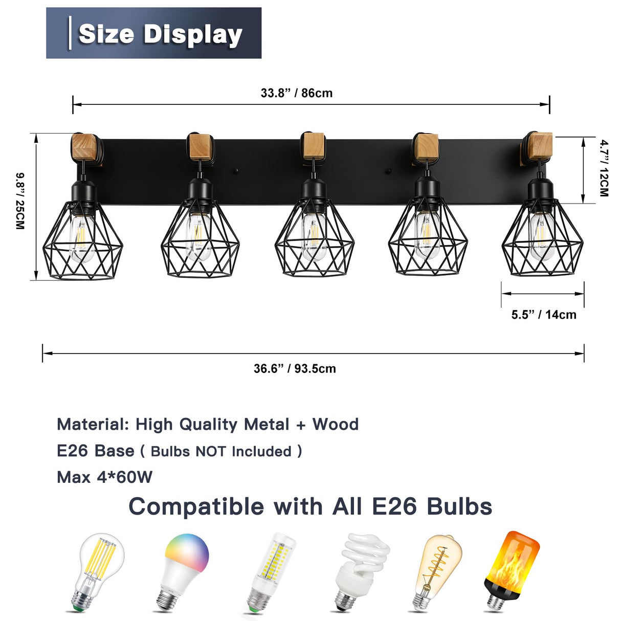 Farmhouse Bathroom Vanity Light Fixtures, 5-Light Wood Bathroom Light Fixtures Over Mirror, Rustic Sconces Wall Lighting with Elegant Metal Lampshade for Living Room, Bedroom, Hallway… maesta