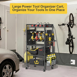 Power Tool Organizer Cart with Charging Station, Heavy Duty Garage Tool Organizer Rolling Tool Battery Storage with 8-Outlet Power Strip, 4 Wheels, 2 Hanging Baskets, 8 Hooks, Drill Bit Holder, Black NEYCIL