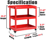BRLJUNEO Tool Cart on Wheels, 3 Tier Rolling Mechanic Tool Cart, Heavy Duty Steel Utility Cart w/Lockable Wheels, 450 LBS Capacity Industrial Service Cart for Garage, Warehouse, Workshop (Bright Red) BRLJUNEO