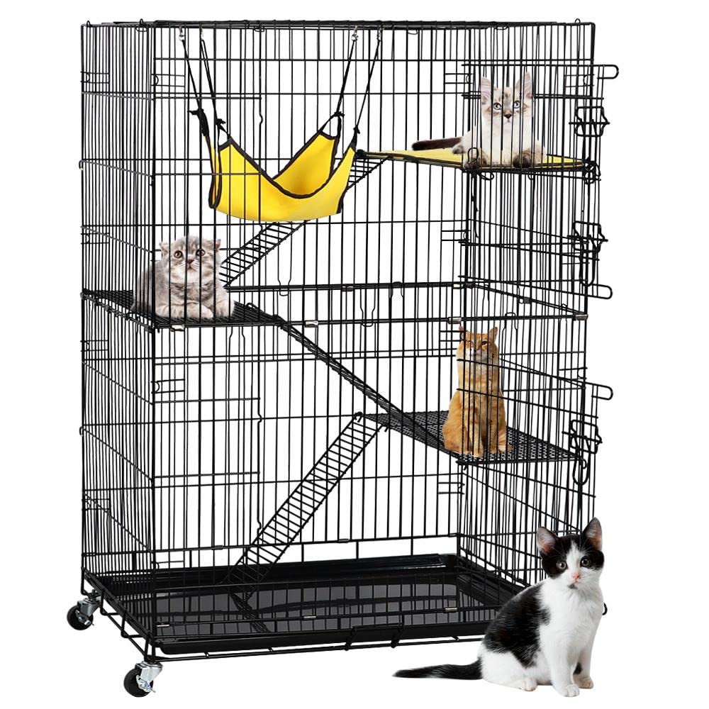 Yaheetech 49'' Collapsible Cat Cage 4-Tier Metal Cat Kennel Ferret Enclosure Chinchilla Cage with Rotating Casters/Ramp/Ladders/Hammock for Indoor Kitten