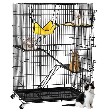 Yaheetech 49'' Collapsible Cat Cage 4-Tier Metal Cat Kennel Ferret Enclosure Chinchilla Cage with Rotating Casters/Ramp/Ladders/Hammock for Indoor Kitten Yaheetech