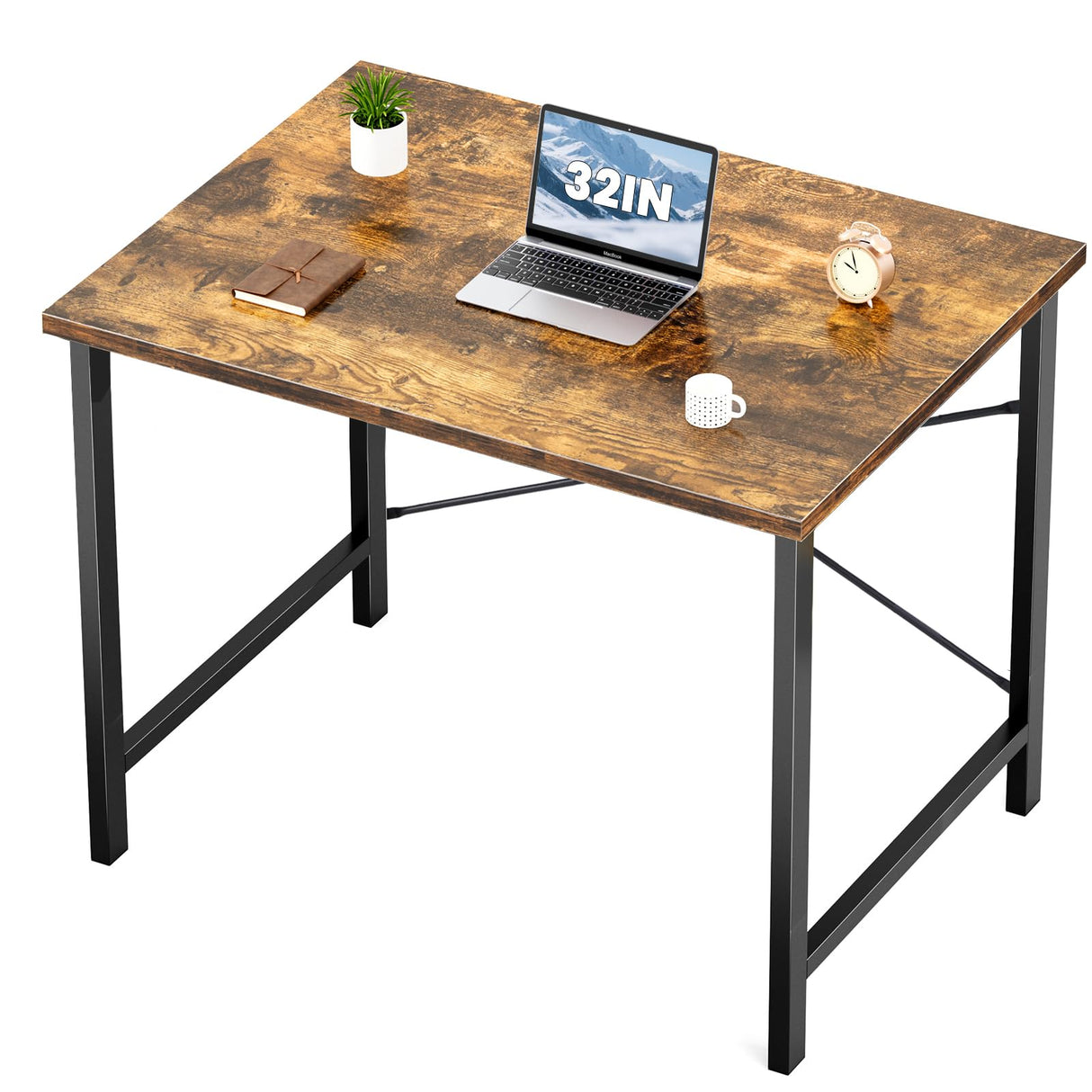 Sweetcrispy Computer Small Office Desk 32 Inch Student Kids Study Writing Work with Metal Frame Wood Tabletop Modern Simple PC Home Bedroom Table, Rustic Brown Sweetcrispy