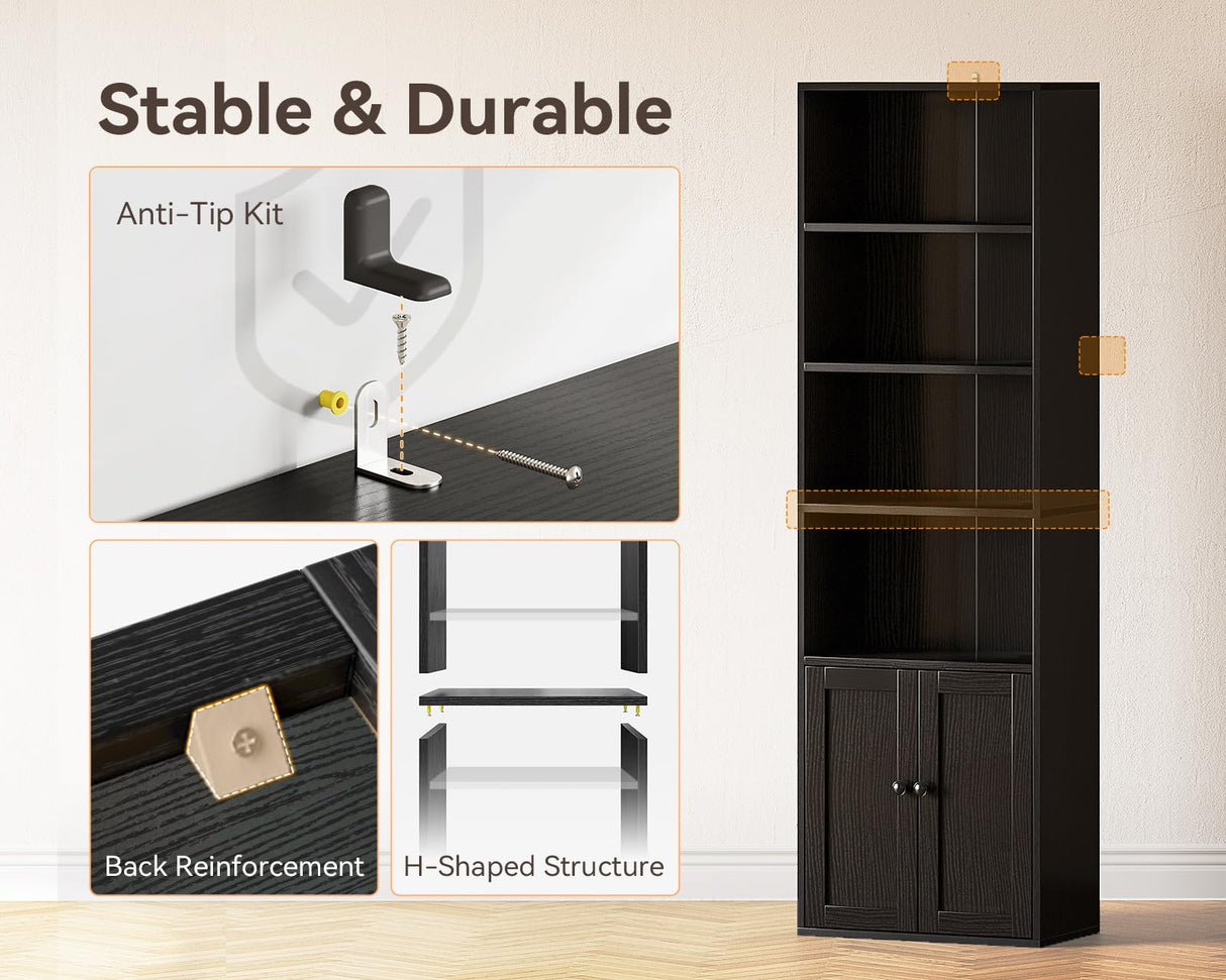 Casaottima Bookshelf and Bookcase with Doors, Floor Standing 6-Tier Shelf Display Storage Shelves, Tall Bookcases for Home Office, Living Room, Black Casaottima