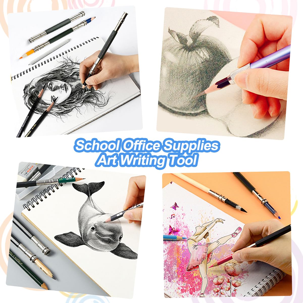 FULANDL 24Pcs Pencil Extenders Set, Pencil Lengthener, Including 16PCS Wooden Handle Adjustable Dual Head Pencil Extender Holder, 8PCS Plastic Pencil Cap, School Office Art Write Tool FULANDL