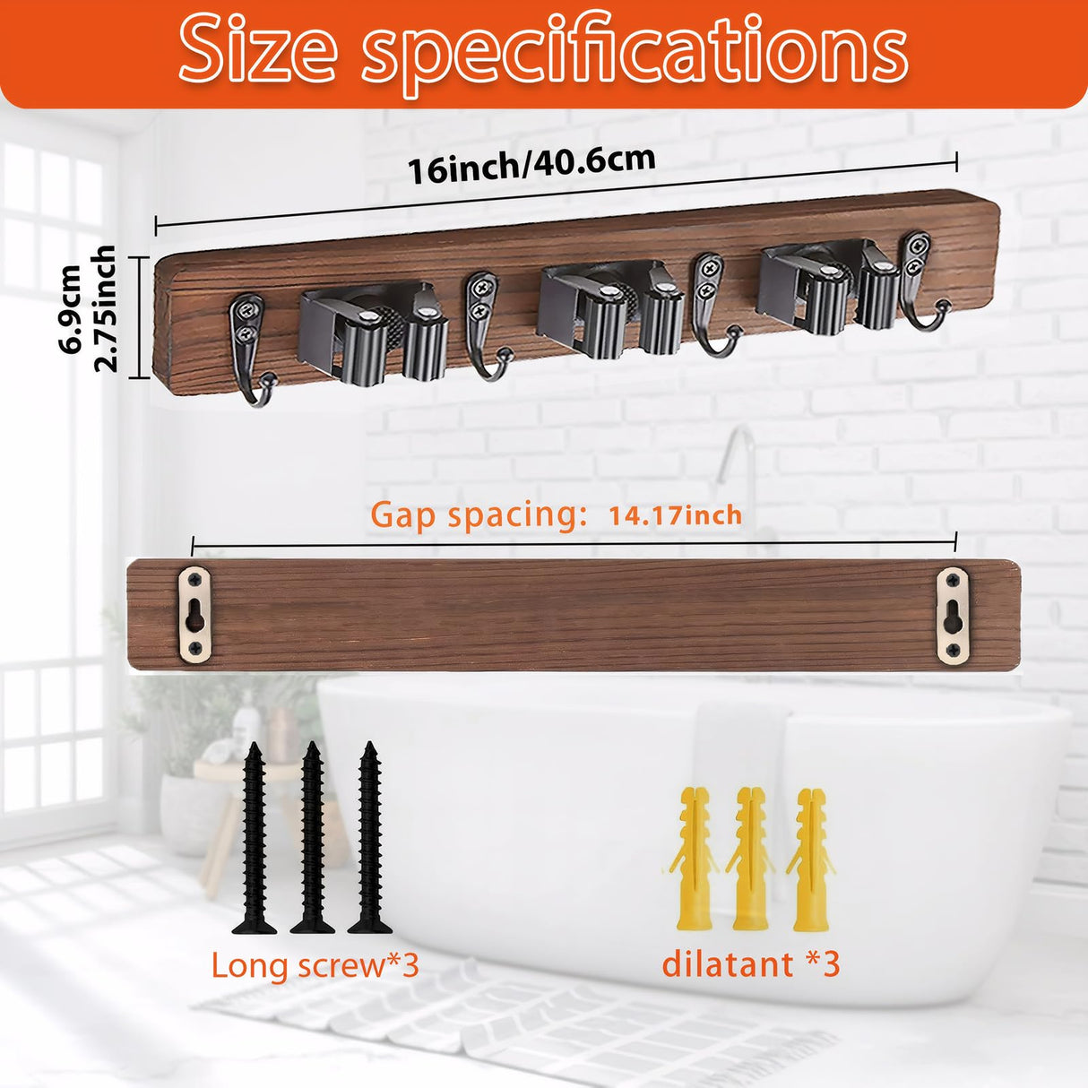 Mop and Broom Holder Wall Mount-Rustic Wood Broom Hanger Wall Mount | Laundry Room Organization and Storage Broom Organizer Wall Mount-Kitchen Decor Modern Farmhouse Wall Decor (Brown-3slots/4hooks) MG rack YF