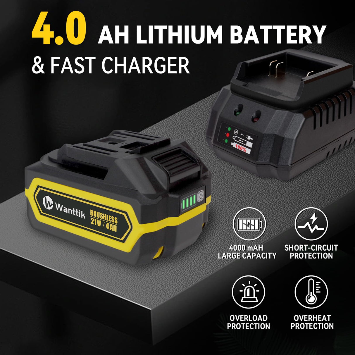 WANTTIK Cordless Impact Wrench 1/2 Inch, 1000 Ft-lbs High Torque, 21V Brushless Impact Gun w/ 4.0 Ah Battery, Fast Charger, 5 Sockets and Tool Bag WANTTIK