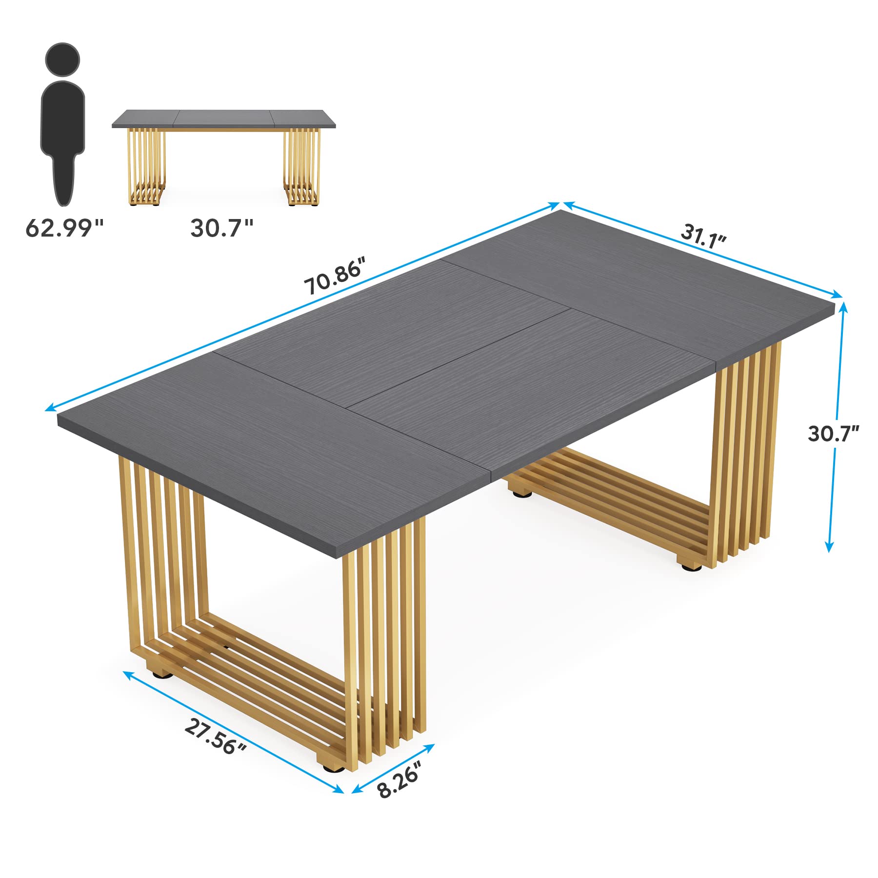 Tribesigns 70.9" Modern Executive Desk, Wood Office Desk, Grey Simple Computer Desk with Gold Metal Legs, Large Workstation Business Furniture for Home Office, Small Conference Table for Meet - WoodArtSupply