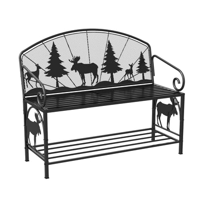 HavenlyYouth Outdoor Bench, Garden Bench with Backrest and Armrests, Patio Bench with Forest Series Pattern, Anti- Rust Thickened Metal Bench Outdoor for Garden, Yard, Patio, Porch, Lawn and Park
