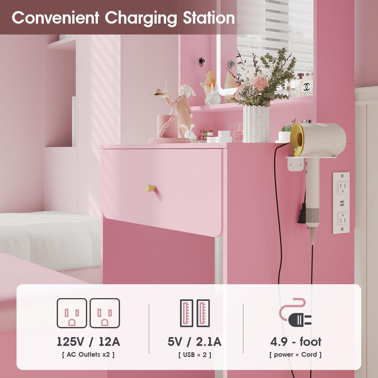 Vabches Small Vanity Desk Set with 3 Adjustable Lighted Mirror and Storage Chair, Vanity Set with Charger Station, Small Spaces Vanity Table for Bedroom，Pink Vabches